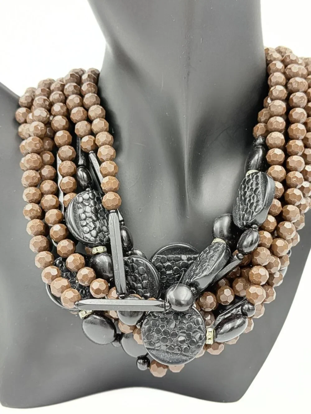 Angela Caputi Signed French Italy Brown Multi Strand Acrylic Boho Bib Necklace